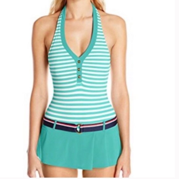 So cute! Tommy Hilfiger One-Piece Halter Neck Skirted Swimsuit with Belt… - Picture 1 of 12